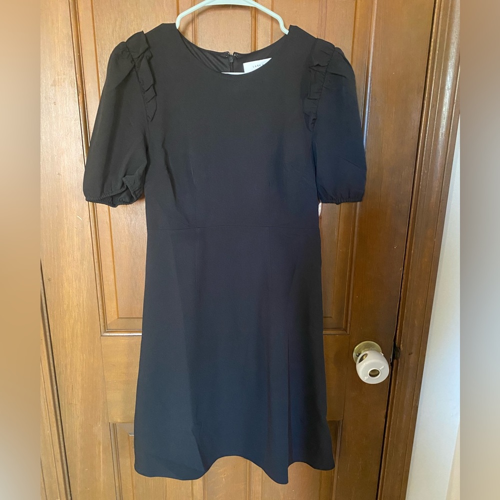Lark & Ro black dress with delicate ruffle detail on sleeve. Size 4.
